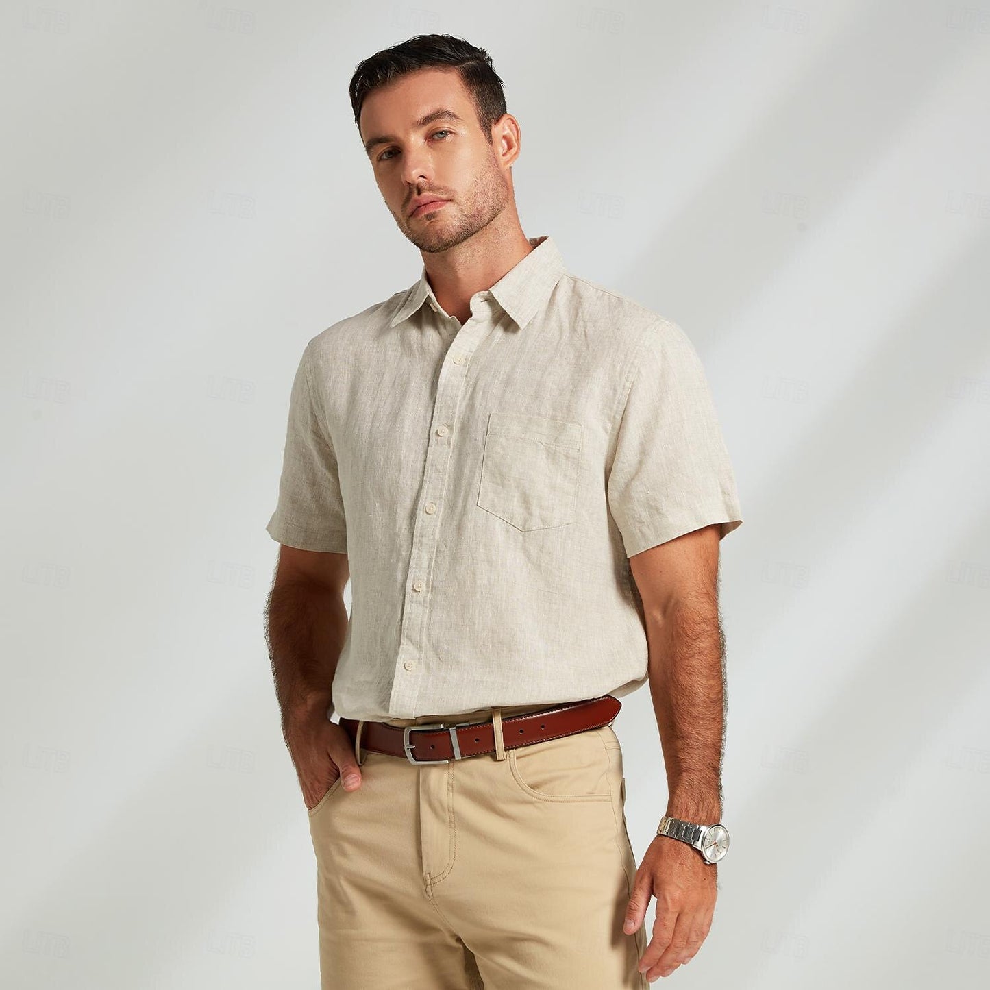 100% Linen Shirt Pocket Khaki - oukumen