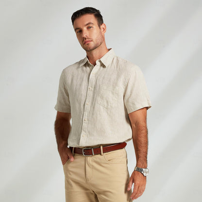 100% Linen Shirt Pocket Khaki - oukumen