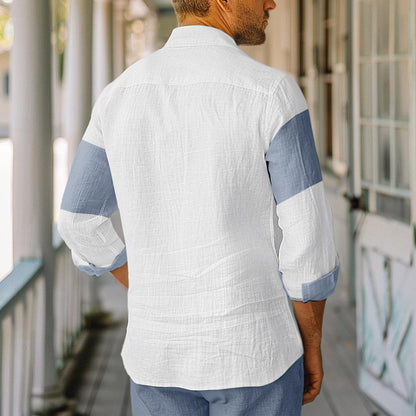 100% Linen Patchwork Long Sleeves Casual Shirt - oukumen