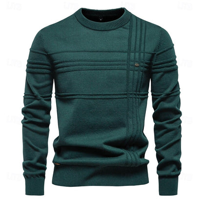 Cotton Knitted Stripped Crew Neck Pullover Sweater - oukumen