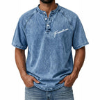 Distressed Acid-Wash Henley Shirt
