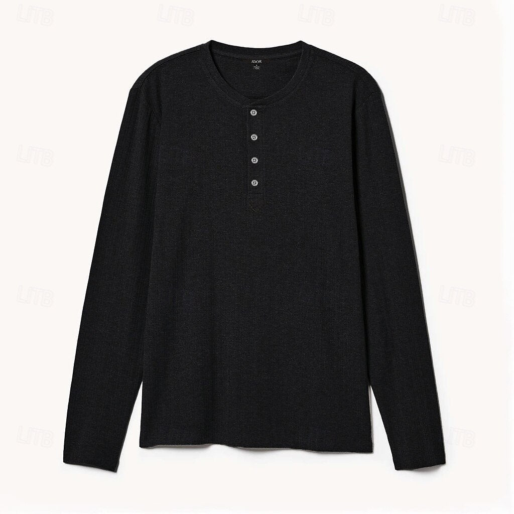 100% Cotton Henry Collar Long Sleeves T-Shirt - oukumen