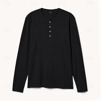 100% Cotton Henry Collar Long Sleeves T-Shirt - oukumen