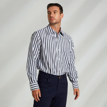 100% Cotton Stripes Lapel Dress Shirt - oukumen