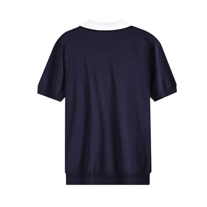 Refined Half-Zip Polo Shirt with Pinstripe Contrast Panels - oukumen