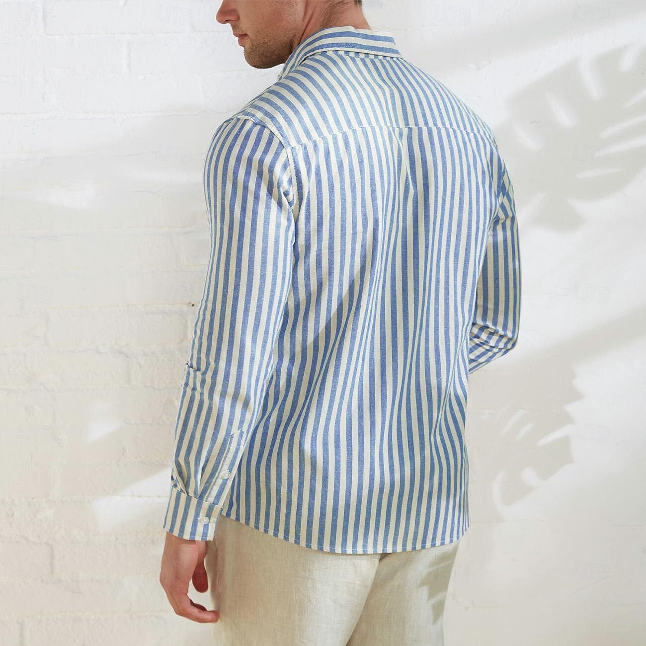 100% Cotton Stripes Lapel Casual Shirt - oukumen