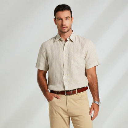 100% Linen Shirt Pocket Khaki - oukumen