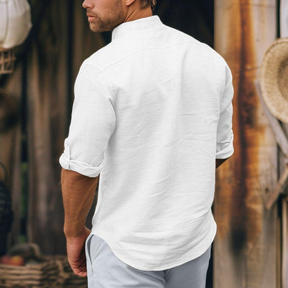 Linen Cotton Standing Collar Casual Shirt - oukumen