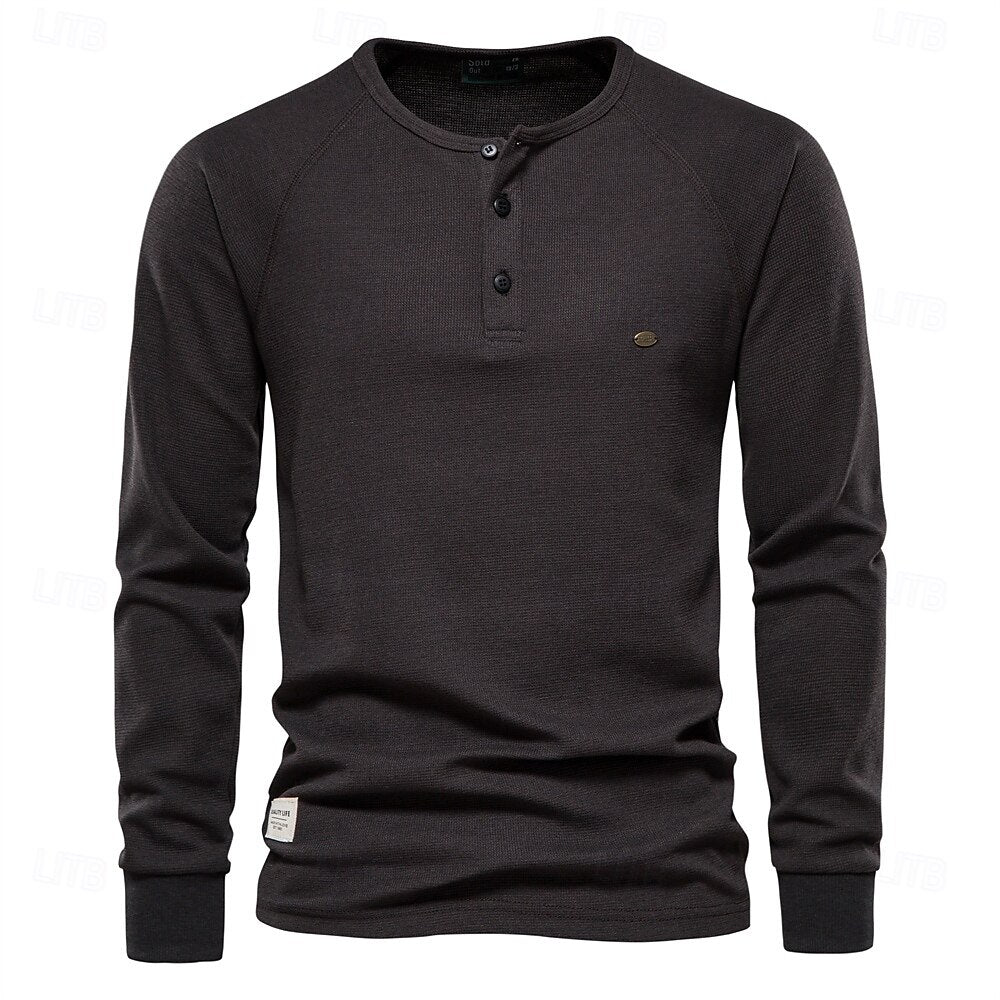 Waffle Henley Basic Long Sleeve T-Shirt - oukumen