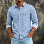 Washed Long-Sleeve Denim Shirt — unified background