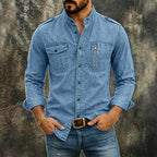 Acid-Wash Long-Sleeve Denim Shirt — unified background