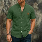 Washed Short-Sleeve Denim Shirt — unified background