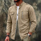 Zip-Pocket Long-Sleeve Denim Shirt — unified background