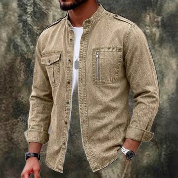 Zip-Pocket Long-Sleeve Denim Shirt