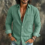 Washed Long-Sleeve Denim Shirt — unified background