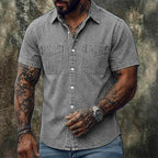 Washed Short-Sleeve Denim Shirt — unified background