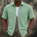 Washed Short-Sleeve Denim Shirt — unified background