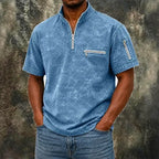 Acid-Wash Zip-Pocket Polo Shirt — unified background