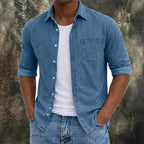 Washed Long-Sleeve Denim Shirt — unified background