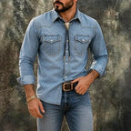 Acid-Wash Long-Sleeve Denim Shirt — unified background