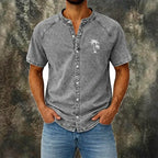 Washed Mandarin-Collar Denim Shirt — unified background