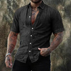 Washed Short-Sleeve Denim Shirt — unified background