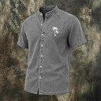 Washed Mandarin-Collar Denim Shirt — unified background