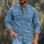 Acid-Wash Mandarin-Collar Shirt — unified background