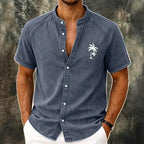 Washed Mandarin-Collar Denim Shirt — unified background