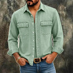 Acid-Wash Long-Sleeve Denim Shirt — unified background