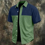 Color-Block Short-Sleeve Denim Shirt — unified background