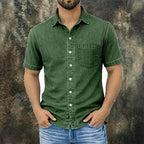 Washed Short-Sleeve Denim Shirt — unified background