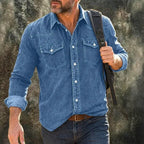 Washed Long-Sleeve Denim Shirt — unified background