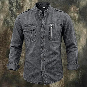 Acid-Wash Mandarin-Collar Shirt
