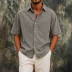 Washed Short-Sleeve Denim Shirt — unified background