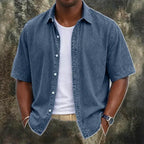 Washed Short-Sleeve Denim Shirt — unified background