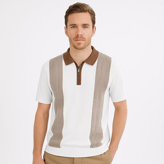 Refined Half-Zip Polo Shirt with Pinstripe Contrast Panels - oukumen