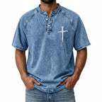 Distressed Acid-Wash Henley Shirt