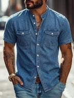 Acid-Wash Mandarin-Collar Shirt