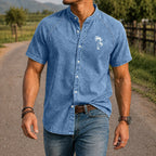 Washed Mandarin-Collar Denim Shirt
