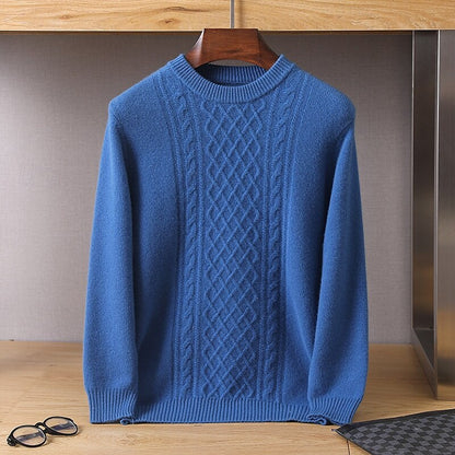 100% Merino Wool Crew Neck Jacquard Sweater - oukumen