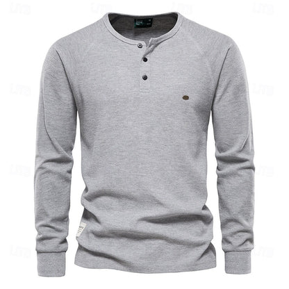 Waffle Henley Basic Long Sleeve T-Shirt - oukumen