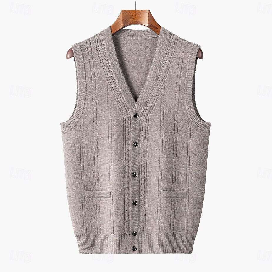 100% Wool V Neck Knit Sweater Vest - oukumen