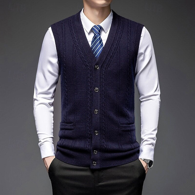 100% Wool V Neck Knit Sweater Vest - oukumen