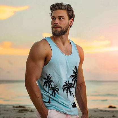 100% Cotton Graphic Coconut Tree Tank Top - oukumen