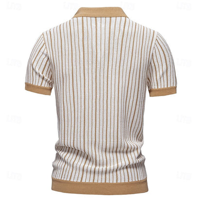 Striped Knit Short Sleeve Polo Shirt