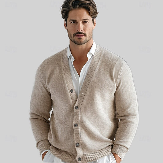 100% Merino Wool V Neck Knitwear Cardigan Sweater - oukumen