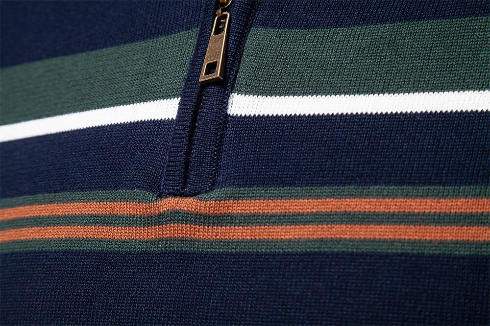 Cotton Knit Striped Half Zip Knitwear - oukumen