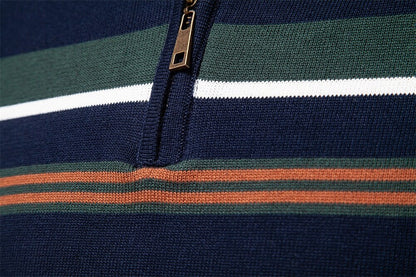 Cotton Knit Striped Half Zip Knitwear - oukumen