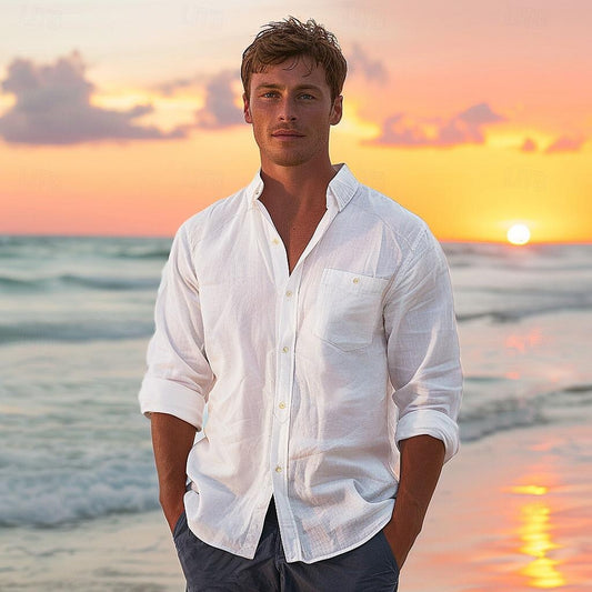 100% Linen Fold-over Collar Casual Shirt - oukumen